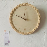 Sidiou Group Fashion Handmade Linden Plank Rattan Creative Round Digital Silent Clock Homestay Simple Decorative Wall Clocks For Bedroom Home Decor