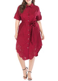 Sidiou Group Women Shirt Dress Turn-down Collar Short Sleeves Button Slim Casual Dress