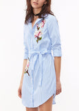 Sidiou Group Women Striped Shirt Dress Floral Embroidered Button Down Waist Strap Casual Blouse