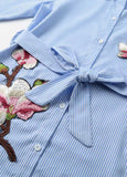 Sidiou Group Women Striped Shirt Dress Floral Embroidered Button Down Waist Strap Casual Blouse