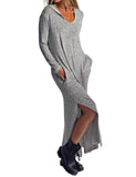 Sidiou Group Women Long Sleeve V Neck Hoodie Solid Color Split Long Dress