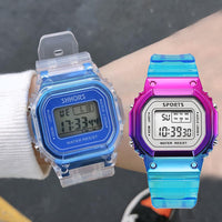 Multifunction Fashion Watch LED Luminous Waterproof Digital Women Men Colorful Electroplating Square Sports Transparent Strap Alarm WristWatches