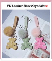 Sidiou Group Creative Luxury PU Leather Bear Keychain With Hand Rope ink Pompom Keyring Women Bag Pendant Fashion Car Key Chain Girl Keyfob