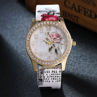 Sidiou Group Fashion Ladies Watches Women Printed Flower Luxury Casual Quartz Leather Wrist Watch Female Rhinestone Dress Watch