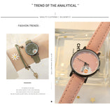 Sidiou Group Hot Sales Retro Dress Women's Watch Daisy Flowers Cute Ladies Wrist Watch Bracelet Set Casual Matte Leather Female Watches