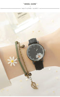 Sidiou Group Hot Sales Retro Dress Women's Watch Daisy Flowers Cute Ladies Wrist Watch Bracelet Set Casual Matte Leather Female Watches