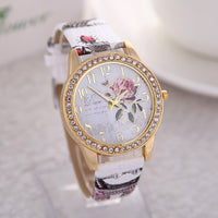 Sidiou Group Fashion Ladies Watches Women Printed Flower Luxury Casual Quartz Leather Wrist Watch Female Rhinestone Dress Watch