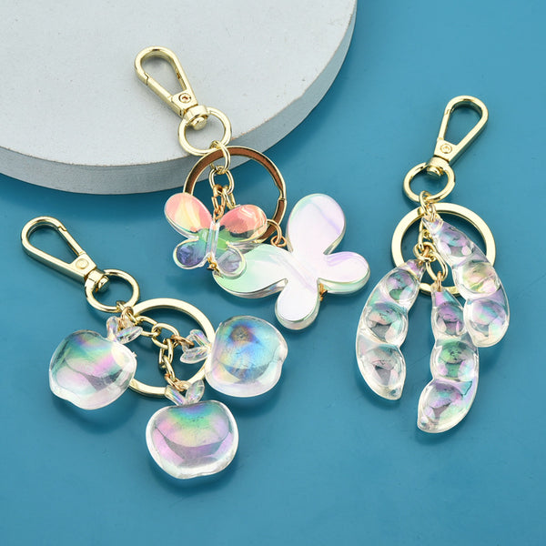 Sidiou Group Wholesale Creative Acrylic Transparent Butterfly Pea Apple Keychain Pendant Girls School Bag Car Key Ring Accessories