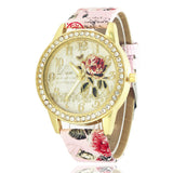 Sidiou Group Fashion Ladies Watches Women Printed Flower Luxury Casual Quartz Leather Wrist Watch Female Rhinestone Dress Watch