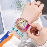 Multifunction Fashion Watch LED Luminous Waterproof Digital Women Men Colorful Electroplating Square Sports Transparent Strap Alarm WristWatches