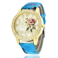 Sidiou Group Fashion Ladies Watches Women Printed Flower Luxury Casual Quartz Leather Wrist Watch Female Rhinestone Dress Watch