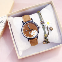 Sidiou Group Hot Sales Retro Dress Women's Watch Daisy Flowers Cute Ladies Wrist Watch Bracelet Set Casual Matte Leather Female Watches