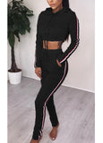 Sidiou Group Women Two Pieces Hoody Crop Top Pencil Pants Striped Slim Hoodies Trousers