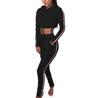 Sidiou Group Women Two Pieces Hoody Crop Top Pencil Pants Striped Slim Hoodies Trousers