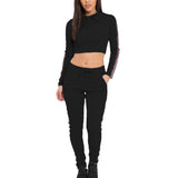 Sidiou Group Women Two Pieces Hoody Crop Top Pencil Pants Striped Slim Hoodies Trousers