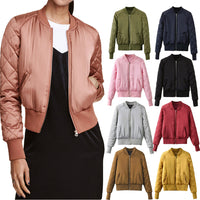 Sidiou Group Fashion Women Satin Bomber Jacket Quilted Long Sleeve Cotton Short Jacket Casual Coat