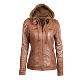Sidiou Group Women's Faux Leather Hooded Jacket Zippered Hoodie Short Slim Jacket Coat
