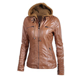 Sidiou Group Women's Faux Leather Hooded Jacket Zippered Hoodie Short Slim Jacket Coat