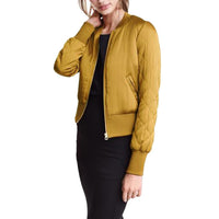 Sidiou Group Fashion Women Satin Bomber Jacket Quilted Long Sleeve Cotton Short Jacket Casual Coat