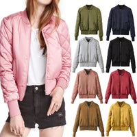 Sidiou Group Fashion Women Satin Bomber Jacket Quilted Long Sleeve Cotton Short Jacket Casual Coat