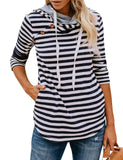 Sidiou Group Women Button Diagonal Collar Long Sleeves Striped Casual Pullover Drawstring Hoodie