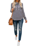 Sidiou Group Women Button Diagonal Collar Long Sleeves Striped Casual Pullover Drawstring Hoodie