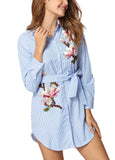 Sidiou Group Women Striped Shirt Dress Floral Embroidered Button Down Waist Strap Casual Blouse