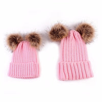 Sidiou Group  Mom And Baby  Kids Knitted Parent-Child Winter Caps Double Fur Ball Beanie Cap