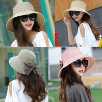 Sidiou Group Women Straw Hat Bowknot Large Rolled Brim Foldable Vintage Summer Beach Cap