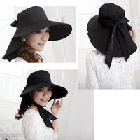 Sidiou Group Women Sun Hat Foldable Wide Brim Self-tie Bow Summer Beach Floppy Cap Headwear Black