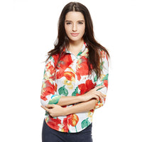 Sidiou Group Vintage Women Shirt Colorful Floral  Print Turn-down Collar Button Chiffon Tops