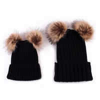 Sidiou Group  Mom And Baby  Kids Knitted Parent-Child Winter Caps Double Fur Ball Beanie Cap