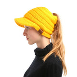 Sidiou Group Winter Women Knitted  Hat Ponytail Beanie Caps with Visor Outdoor Ski Sports Cap
