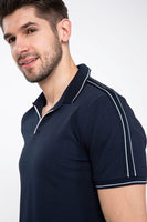 Sidiou Group Men's Navy Blue Stripe Detail Short Sleeves Polo T-shirt