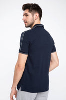 Sidiou Group Men's Navy Blue Stripe Detail Short Sleeves Polo T-shirt