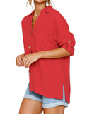 Sidiou Group Women Lapel Collar Long Sleeve Button Down Side Split Casual Pocket Shirt