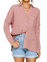 Sidiou Group Women Lapel Collar Long Sleeve Button Down Side Split Casual Pocket Shirt