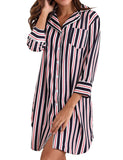 Sidiou Group Women 3/4 Sleeve Lapel Striped Button Down Shirts Sleepwear Dress Tracksuit Top