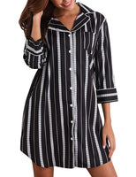 Sidiou Group Women 3/4 Sleeve Lapel Striped Button Down Shirts Sleepwear Dress Tracksuit Top
