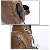 Sidiou Group Men Leather Chest Pack USB Backbag With Headphone Hole Functional Travel Sling Bag